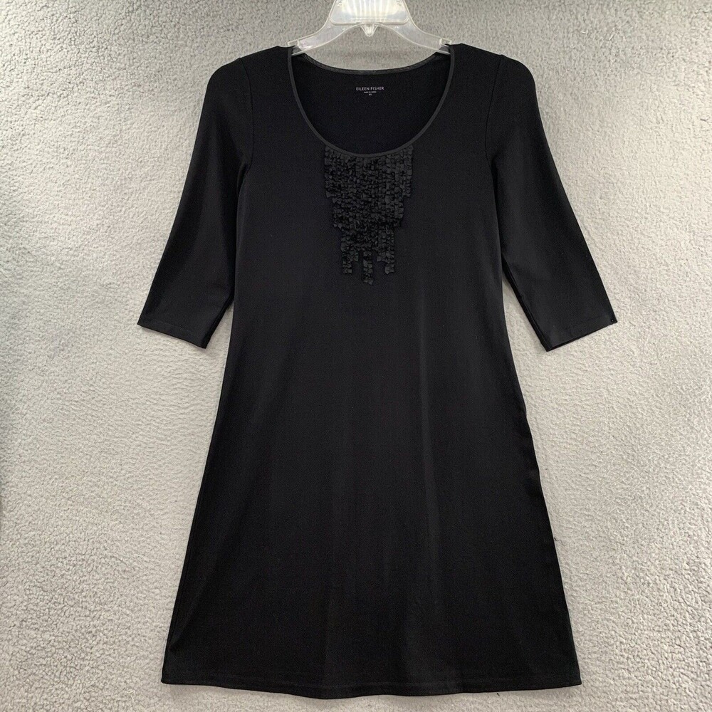 Eileen Fisher 3/4 Sleeve Scoop Neck Ruffle Bib Obsidian Black Knit Dress Size XS